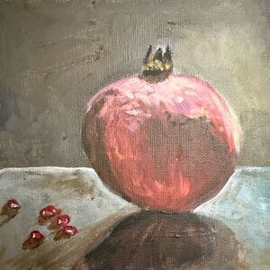 Vibrant Pink Pomegranate Original Canvas Acrylic Painting 6x6 inches